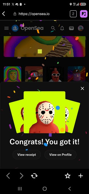 A mobile screenshot of the OpenSea website showing a celebration popup that reads "Congrats! You got it!" with an NFT of a figure wearing a hockey mask and red shirt on a neon yellow background.