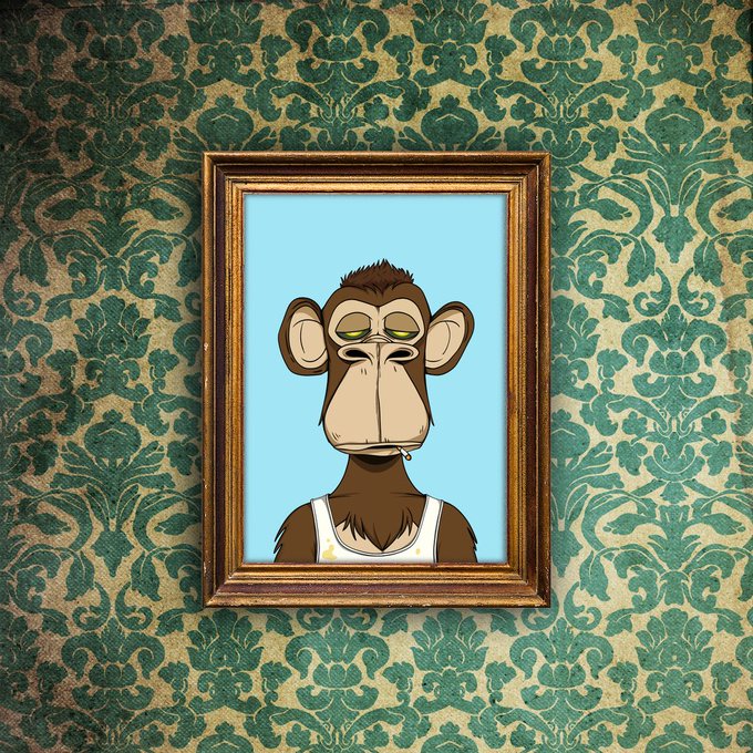 A digital artwork of a Bored Ape-style cartoon monkey with a flat expression, displayed in an ornate gold frame against a green damask wallpaper background.