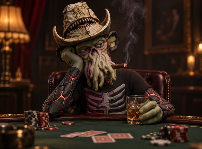 A whimsical octopus-like creature wearing a tattered cowboy hat sits at a poker table, smoking a cigar while resting its head on a lava-cracked arm, with playing cards and chips scattered before it.