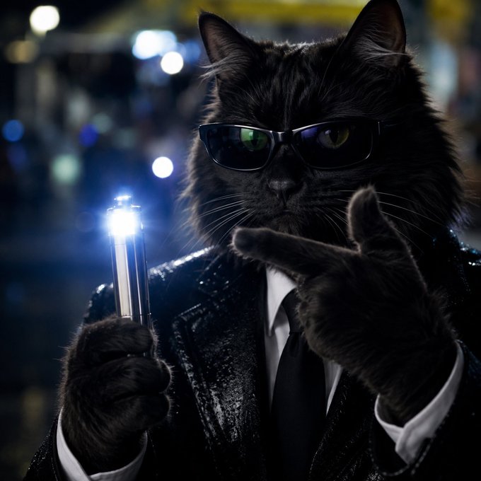 A cinematic image of a black cat wearing sunglasses and a suit, pointing at the viewer while holding a glowing futuristic pistol.