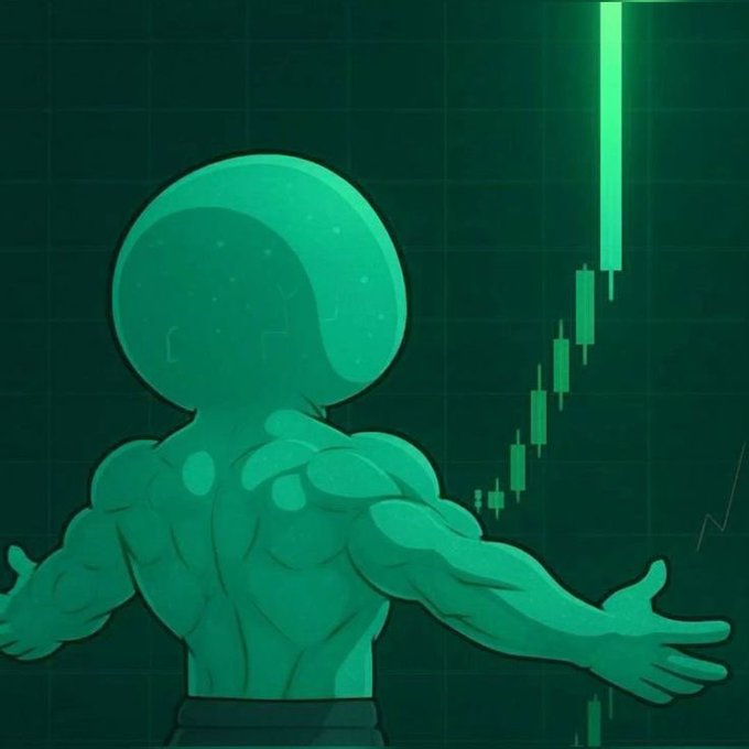 A digital illustration of a muscular teal figure with a glowing helmet standing with arms outstretched in front of a green candlestick chart.
