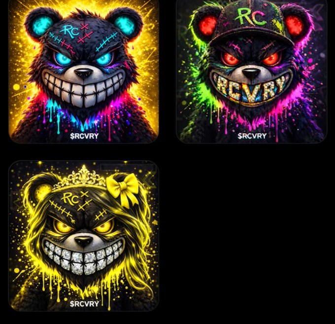 Three vibrant, neon-colored digital art illustrations of menacing cartoon bears with stitched grins, branded with 'RC' and '$RCVRY', featuring colorful paint splatter effects in yellow, pink, green, and blue.