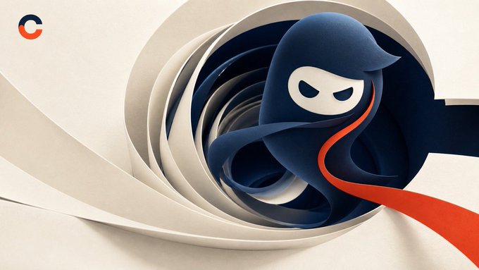A stylized paper-craft illustration of a hooded figure with a glowing face emerging from spiraling white and dark blue paper swirls, with a red ribbon flowing outward.