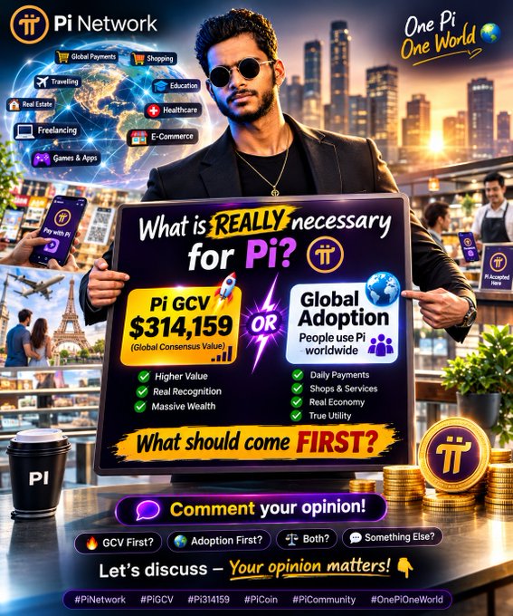 A man in sunglasses and a black blazer holds a sign asking "What is REALLY necessary for Pi?" contrasting the Pi GCV of $314,159 with Global Adoption, surrounded by Pi Network branding, hashtags like #PiGCV and #OnePiOneWorld, and options to comment on whether GCV or adoption should come first.