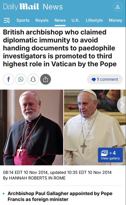 A Daily Mail news article from November 2014 reporting that Archbishop Paul Gallagher was promoted to foreign minister by Pope Francis.