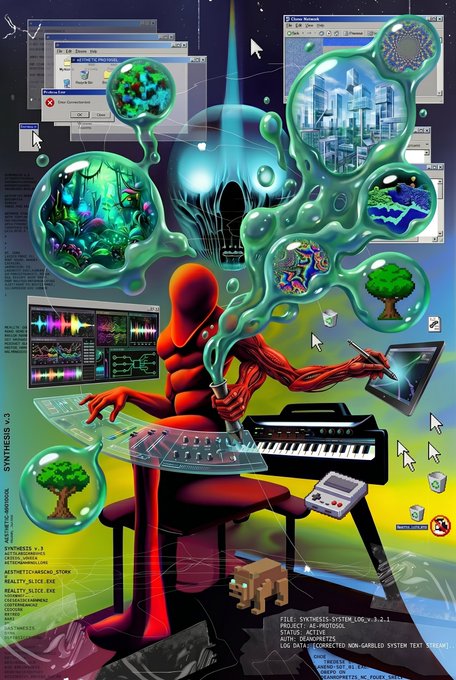 A vibrant digital artwork features a red humanoid figure playing a keyboard, surrounded by floating bubbles containing surreal scenes like forests, cities, and Earth, with retro Windows-style dialog boxes reading "Error 404" and "Syntaxis v.3" visible. The image ties to the post's "GM Vibecoder.exe 1/1" reference as a 1/1 ordinal collectible, depicting a chaotic generative AI coding scenario with system errors and synthesis elements.