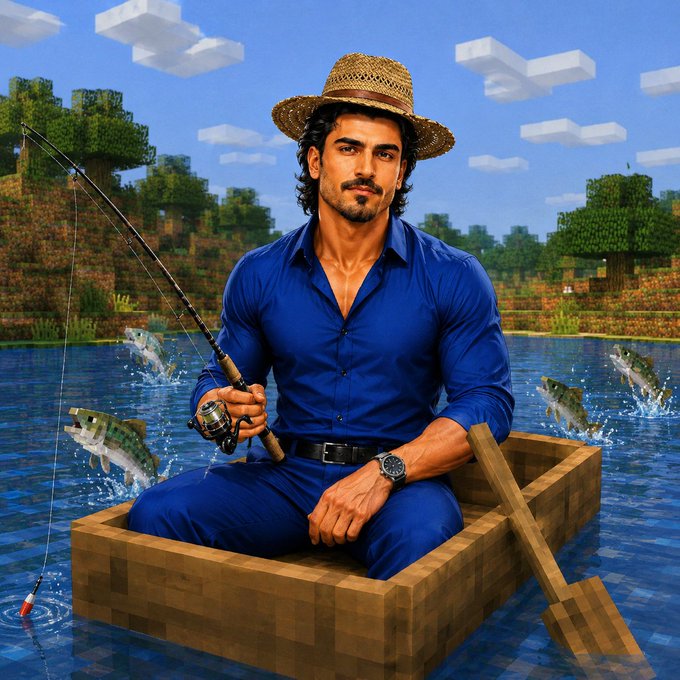 A man in a blue shirt and straw hat sits in a wooden boat fishing in a Minecraft-style pixelated lake with fish jumping out of the water.