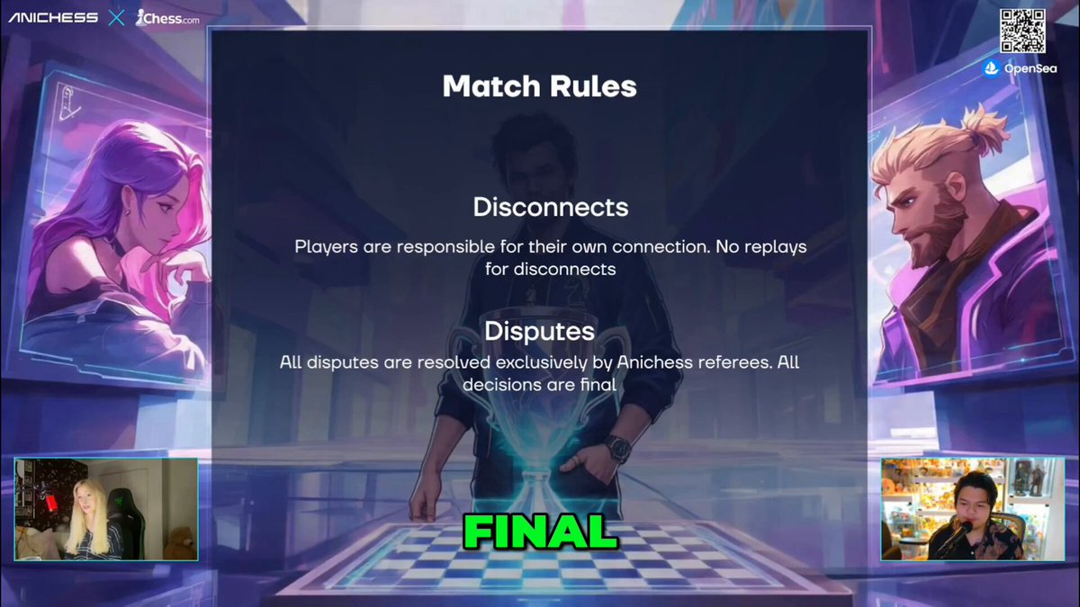 The image shows a game screen with two characters, one male and one female, sitting at a table with a checkerboard pattern. The text on the screen reads "Match Rules" and provides information about the rules of the game. There are also descriptions of the different types of disputes that can occur during gameplay.
