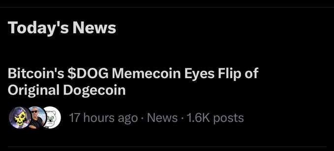 A mobile app news feed displaying 'Today's News' with the headline 'Bitcoin's $DOG Memecoin Eyes Flip of Original Dogecoin' posted 17 hours ago.
