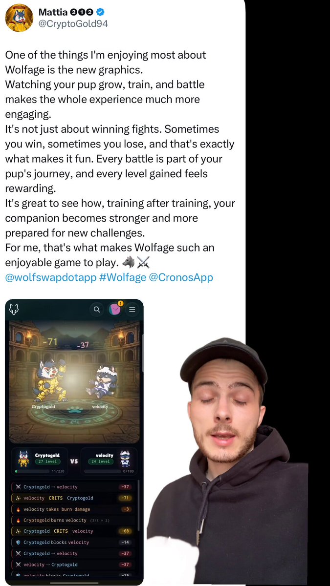The image shows a man wearing a black hoodie standing next to his phone screen displaying an app called Wolfage. The man appears to be engaged in a conversation or sharing information about the app with someone else, possibly through social media.