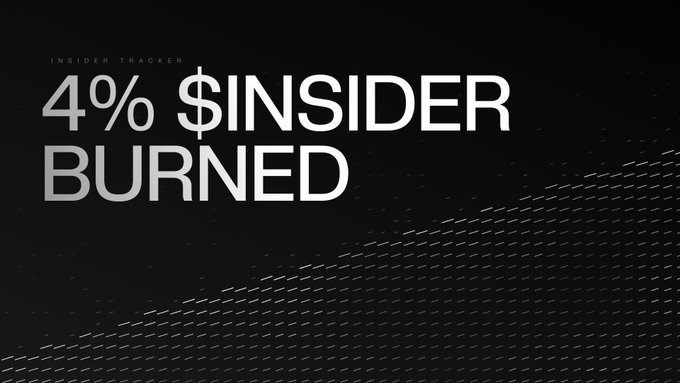 Bold white text on a black background reads "4% $INSIDER BURNED" with "INSIDER TRACKER" labeled above, visually highlighting the token burn milestone mentioned in the post. The minimal design emphasizes the key metric of 4% of the total $INSIDER supply being permanently burned as part of the platform's buyback flywheel.