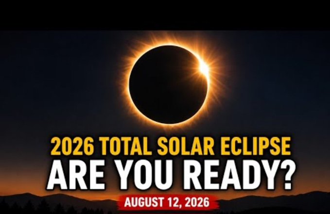A promotional graphic for the '2026 TOTAL SOLAR ECLIPSE ARE YOU READY?' scheduled for 'AUGUST 12, 2026', featuring an image of a total solar eclipse over a mountainous landscape.
