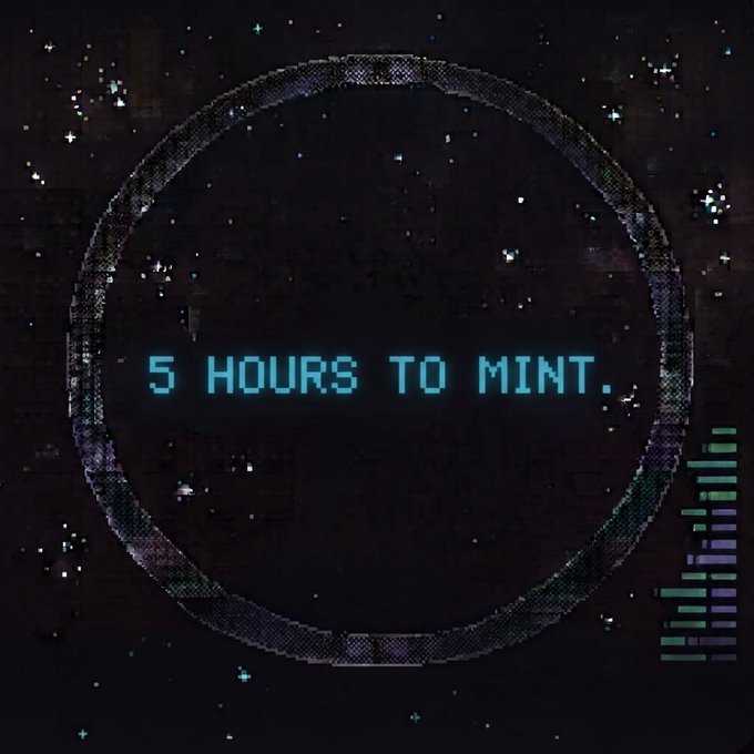 A retro pixel art graphic displays a cosmic scene with a ringed planet silhouette, featuring the text "5 HOURS TO MINT." in the center and an audio equalizer in the corner, serving as a countdown announcement for the Ink NFT mint.