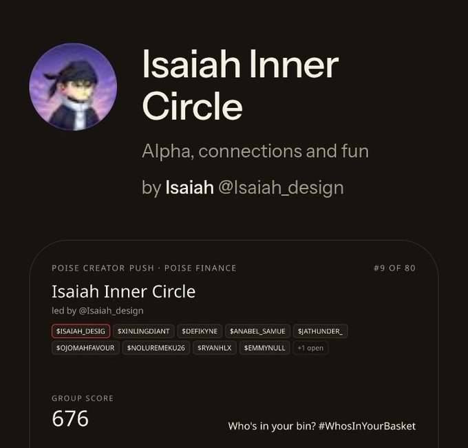 A digital profile page for 'Isaiah Inner Circle' by @Isaiah_design with the tagline 'Alpha, connections and fun', showing a Group Score of 676 and member tags including $ISAIAH_DESIG.