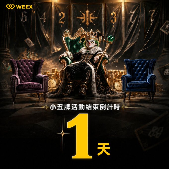 WEEX promotional graphic featuring a regal jester figure seated on a golden throne flanked by velvet chairs, with Chinese text '小丑牌活動結束倒計時' (Joker Card Event End Countdown) and '1 天' (1 day) prominently displayed.