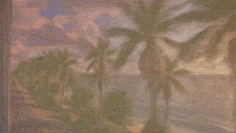 The image features a painting of palm trees with a beach scene, set against a pinkish-orange sky. The artist has used a loose brush technique for the painting, giving it an impressionistic style. The colors are predominantly browns and oranges, creating a warm and inviting atmosphere. The post is titled "I couldn't resist! Train Journey with Palm Trees I ed #proofofpalm2026 objkt.com/tokens/open_ob ...", which suggests that the painting was created by someone who wanted to share their artistic process or simply appreciate the beauty of nature captured in the artwork.