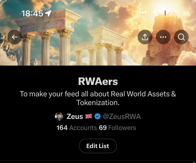 A Twitter/X list titled "RWAers" by Zeus (@ZeusRWA) with 164 accounts and 69 followers, described as curating "your feed all about Real World Assets & Tokenization," aligning with the creator's share of their 300+ RWA founders and builders list (excluding KOLs).
