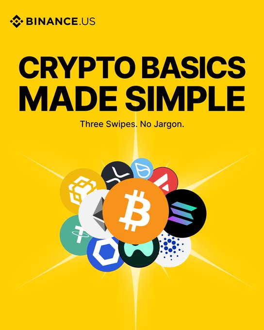 The image is a yellow promotional graphic from Binance.US featuring the headline "CRYPTO BASICS MADE SIMPLE" with the subtitle "Three Swipes. No Jargon." Below the text is a colorful cluster of various cryptocurrency logos, with the Bitcoin ($BTC) logo prominently displayed in the center on an orange background, surrounded by other coin icons. This ties into the post's educational series covering crypto fundamentals like $BTC vs $ETH, blockchains, wallets, and stablecoins.