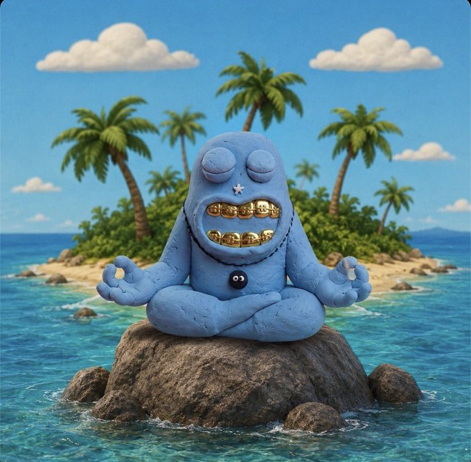 A 3D-rendered blue cartoon character meditating in a lotus pose on a rock, featuring gold teeth and a star on its forehead, set against a tropical island backdrop with palm trees.