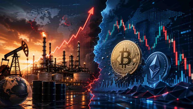 A split-screen illustration contrasting oil industry infrastructure (oil derricks, barrels, flames) on the left with cryptocurrency coins (Bitcoin and Ethereum) and stock charts on the right.