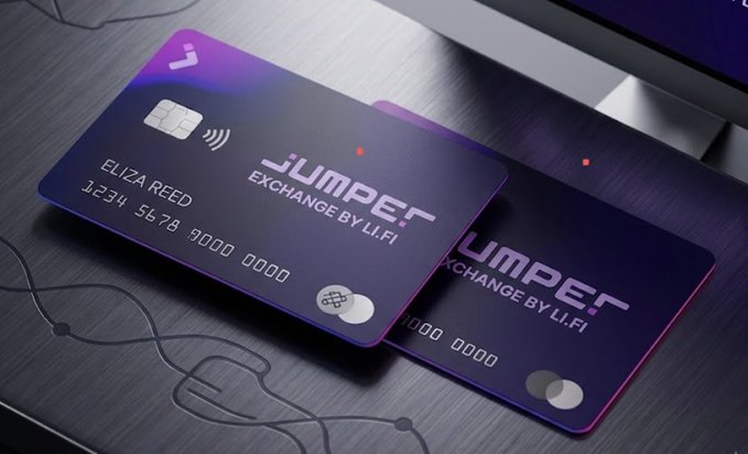 Two dark purple gradient credit cards branded 'JUMPER - EXCHANGE BY LI.FI' with the cardholder name 'ELIZA REED' and card number 1234 5678 9000 0000, displayed on a dark textured surface with cables.
