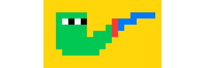 A simple 8-bit style pixelated graphic featuring a green snake-like shape with eyes, wearing black sunglasses and holding a blue and red gun on a yellow background.