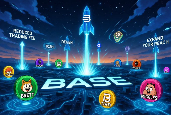 A promotional graphic for the Base cryptocurrency ecosystem featuring a glowing blue rocket launching with various meme coins orbiting it, including Brett, Toshi, Degen, Miggles, Keycat, DRB, Doginme, and Toshi, with text highlighting 'REDUCED TRADING FEE' and 'EXPAND YOUR REACH'.