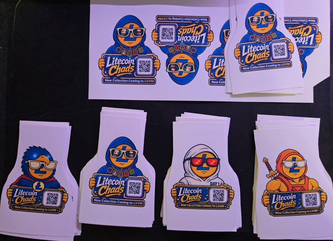 The image features a collection of stickers, each with a unique design featuring a character wearing sunglasses and holding a wallet. The stickers are arranged in two rows against a black background, showcasing their colorful designs. The text "Litecoin Chads" is written on one row, while the other row displays "Litecoin Trading Cards." The stickers appear to be related to Litecoin trading cards or merchandise, possibly for collectors or enthusiasts of Litecoin.
