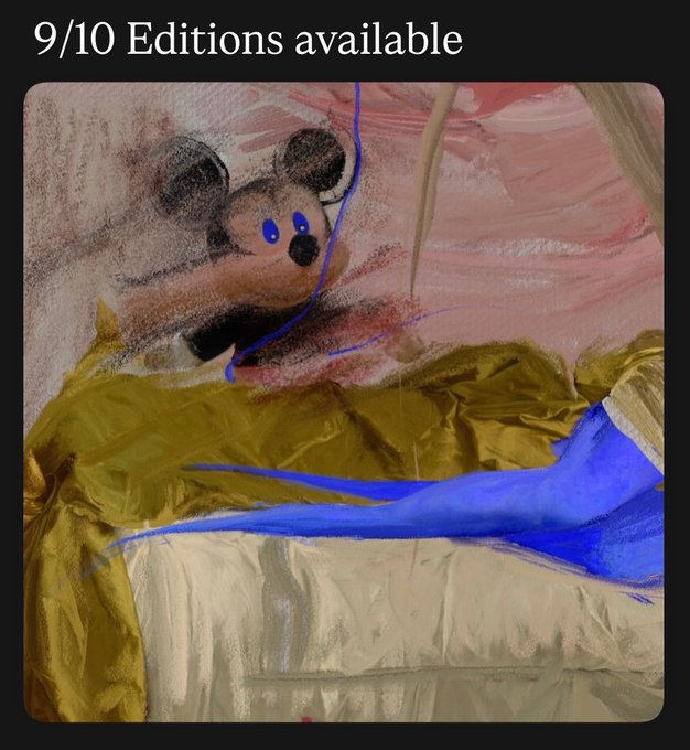 An abstract mixed-media artwork or NFT listing with the text '9/10 Editions available' at the top, depicting a sketch of a teddy bear over pink, gold, and blue painterly strokes on textured fabric or paper.