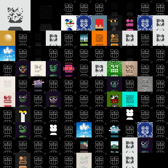 A grid of pixel art and digital art squares featuring various characters, faces, landscapes, and abstract designs on a dark background.