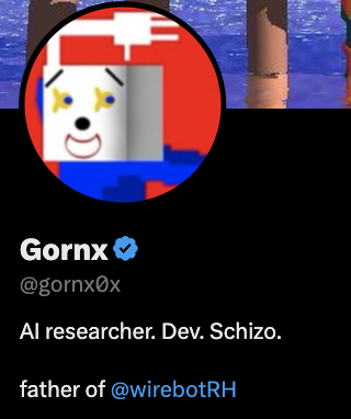 An X (Twitter) profile for "Gornx" (@gornx0x), with the bio "AI researcher. Dev. Schizo. father of @wirebotRH" and a pixel art profile picture.
