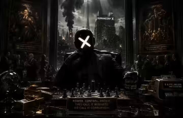 In this digital meme, a man wearing a black cape stands out as he plays chess against an opponent from HumancorP X. He holds up a cross with both hands while strategizing his moves during the game. The poster behind him features portraits of people and buildings.
The image is related to a post that says: "A few own everything. The rest rent it." It could be interpreted as a commentary on wealth or economic inequalities, where some individuals possess all resources, while others have limited access to these assets. In this context, the chess game between the man in the black cape and his opponent from HumancorP X can symbolize the idea of accumulating power, control, or financial prosperity through various means such as business ventures or intellectual pursuits.