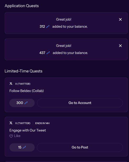 A dark purple-themed mobile app interface showing 'Application Quests' completed with points added to the balance, and 'Limited-Time Quests' offering rewards like 300 points for following Beldex (Collab) on X (Twitter) and 15 points for engaging with a tweet.
