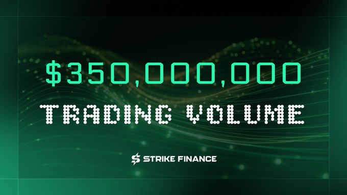 A promotional graphic on a dark green background displaying '$350,000,000 TRADING VOLUME' with the Strike Finance logo.
