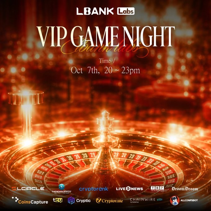 A promotional poster for 'L8BANK Labs VIP GAME NIGHT' roulette event on October 7th from 20-23pm, featuring a golden roulette wheel design with various crypto media sponsors.