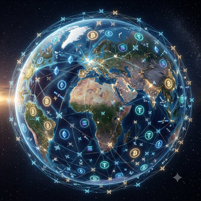 A digital artwork of Earth viewed from space, encircled by glowing network lines connecting cryptocurrency symbols like Bitcoin and Ethereum against a starry background.