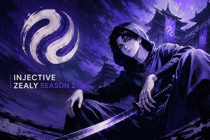 A hooded swordsman in purple tones wields a katana against an East Asian temple backdrop with the Injective swirled logo and text "INJECTIVE ZEALY SEASON 2," visually announcing the launch of Season 2 of the Injective Zealy campaign.