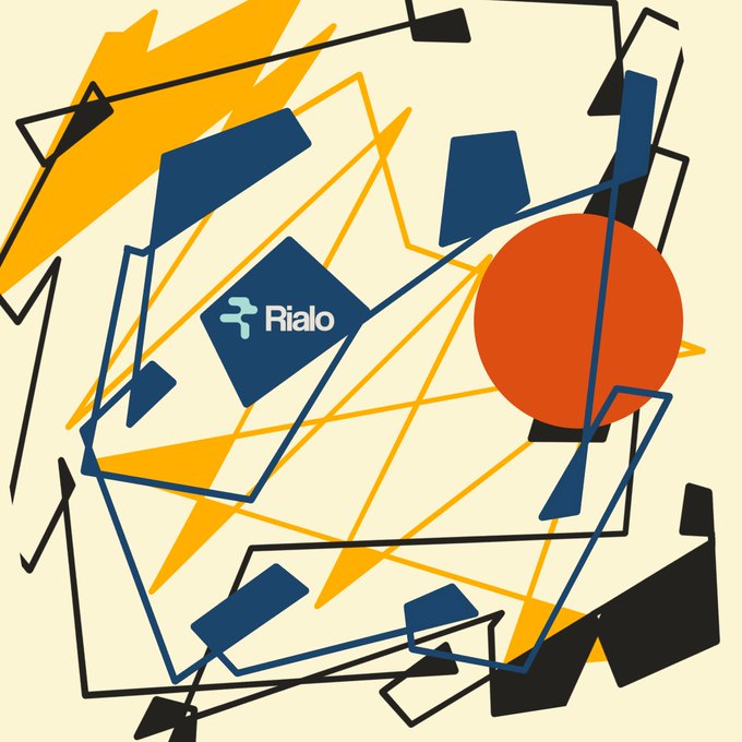 An abstract geometric artwork featuring bold orange, blue, black, and yellow shapes, lines, and a red circle, with a blue logo reading 'Rialo' in the center.
