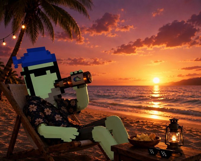 A 3D pixel art character wearing sunglasses and a Hawaiian shirt relaxing on a beach chair, holding a bottle, with a stunning sunset over the ocean, palm trees, string lights, a bowl of snacks, sunglasses, and a lantern on a nearby table.
