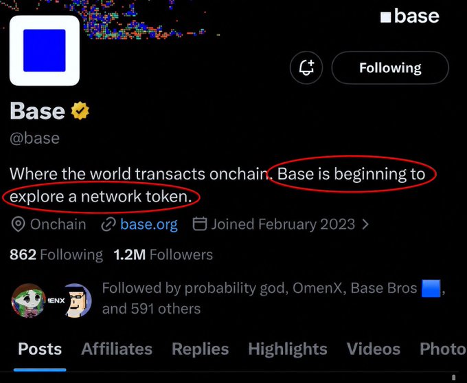 The image shows a Twitter post with a caption that reads, "Big $BASE update. @base recently changed their bio to; → 'Where the world transactions onchain. Base is beginning to explore a network token.' Not a rumor. Not speculation. → Straight from Base." The caption provides information about the recent change in the base's bio and what they are exploring.