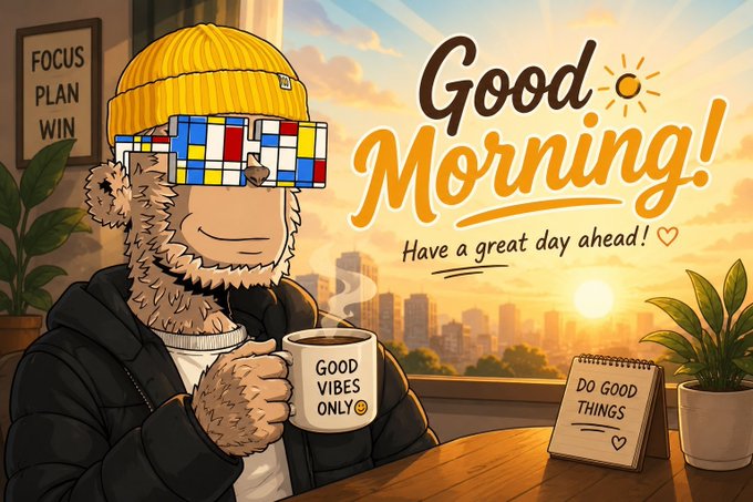 A cartoon llama wearing a yellow beanie and Mondrian-style sunglasses holds a "GOOD VIBES ONLY" mug, with text reading "Good Morning! Have a great day ahead!" alongside signs saying "FOCUS PLAN WIN" and "DO GOOD THINGS".