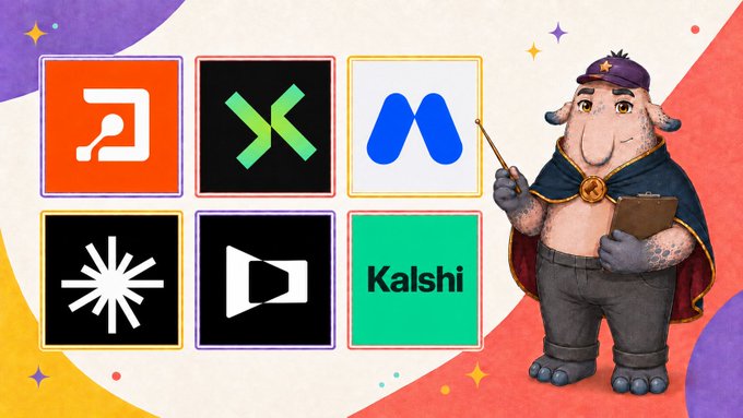 An illustrated graphic showing six tech/finance app logos (including Kalshi) alongside a cartoon hippo character in a wizard cape and graduation cap.