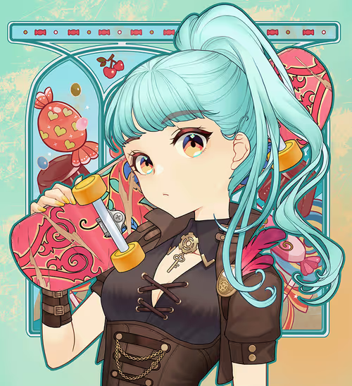 Anime-style illustration of a character with teal hair in a high ponytail, colorful eyes, and a black corset-style outfit, holding a pink decorated skateboard.