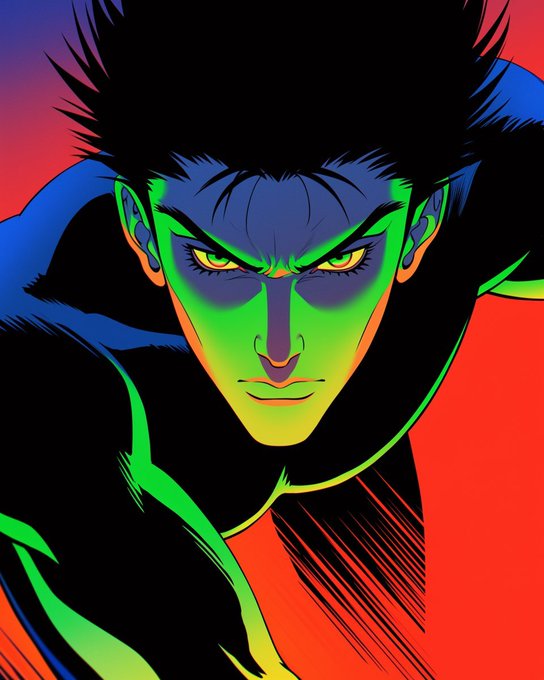 A vibrant comic book style illustration of a male character with spiky hair, glowing yellow eyes, and a green-tinted face against a red and blue background.