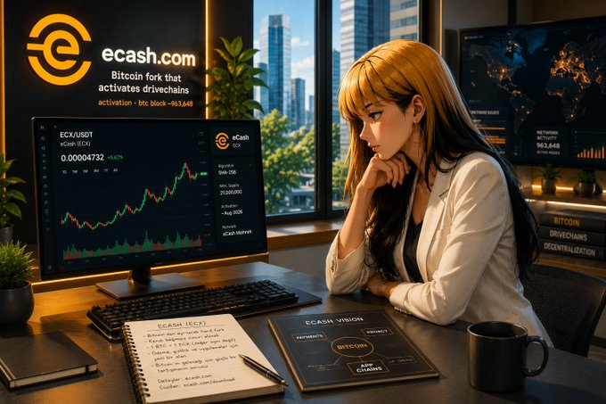 An anime-style woman sits at a desk reviewing an "ECASH (ECX) Bitcoin fork" notebook and a binder labeled "ECASH VISION: BITCOIN PAYMENTS," alongside a monitor showing ECX/USDT at 0.00004732 and an "ecash.com" banner promoting "Bitcoin fork that activates drivechains" with block 963,648. The image visually reinforces the post's premise that eCash is a Bitcoin hard fork project aimed at enabling drivechain functionality, rather than a typical ERC-20 token.