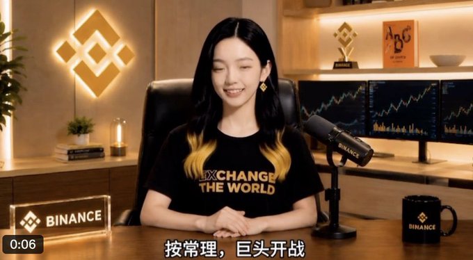 A young woman wearing a black "EXCHANGE THE WORLD" t-shirt sits smiling at a desk branded with Binance logos, a microphone, and cryptocurrency charts in the background. The Chinese subtitle reads "按常理，巨头开战" (which roughly translates to "As usual, giants go to war"), and a Binance logo appears in the bottom left corner.

The post's caption about growth from 1.5m to 100m pairs with the image as a Binance promotional clip suggesting momentum and explosive expansion in the crypto space.