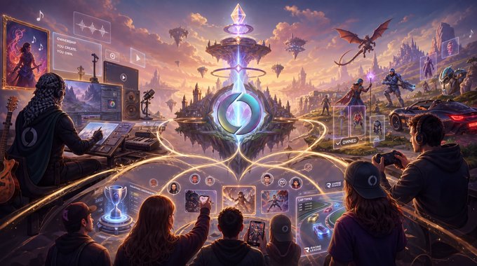 A vibrant fantasy scene shows people gaming with floating cards and characters, a DJ mixing music, and floating islands with dragons and warriors in the distance.