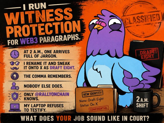 An orange-themed humorous graphic featuring a purple cartoon bird with the headline 'I RUN WITNESS PROTECTION FOR WEB3 PARAGRAPHS,' tagged with @rallyonchain and including classified dossier elements.