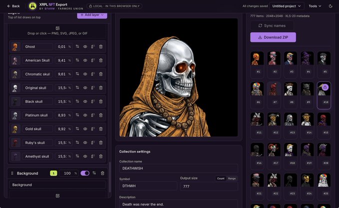 An NFT export interface displaying a "DEATHWISH" collection featuring a hooded skeleton skull with glowing orange eyes, with the symbol "DTHW" and description "Death was never the end."