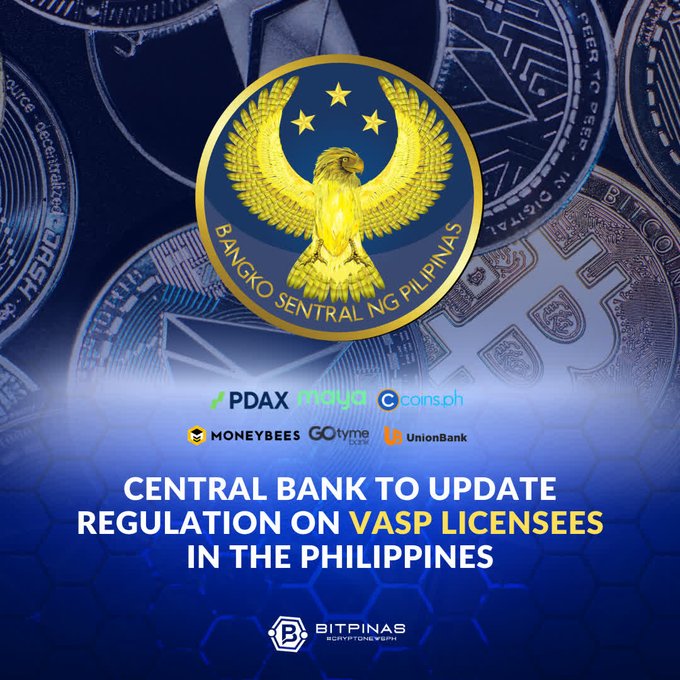 A news graphic from BitPinas about the Bangko Sentral ng Pilipinas (Central Bank of the Philippines) updating regulations on VASP (Virtual Asset Service Provider) licensees, featuring the BSP eagle seal and logos of affected exchanges like PDAX, Coins.ph, Moneybees, and UnionBank.